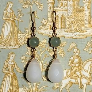 Natural Green Jade In Large Drop Gold Plated Earrings